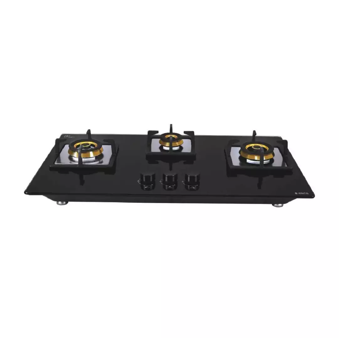 Elica Hob 3 Burner Auto Ignition Glass Top - 1 Small and 2 Medium Brass Gas Stove (Flexi FB HCT 375 DX)