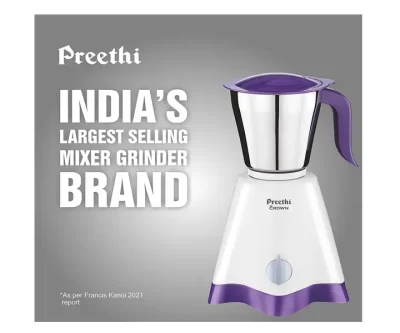 Preethi Crown MG-205 Mixer Grinder, 500 watt, White/Purple, 3 Jars with 5 yr Motor Warranty & Lifelong Free Service