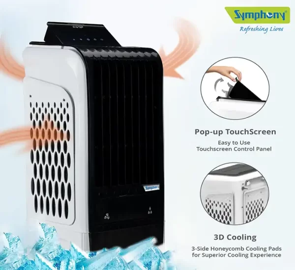 Symphony Diet 3D 30i Portable Tower Air Cooler For Home with 3-Side Honeycomb Pads, Automatic Pop-Up Touchscreen, i-Pure Technology and Low Power Consumption