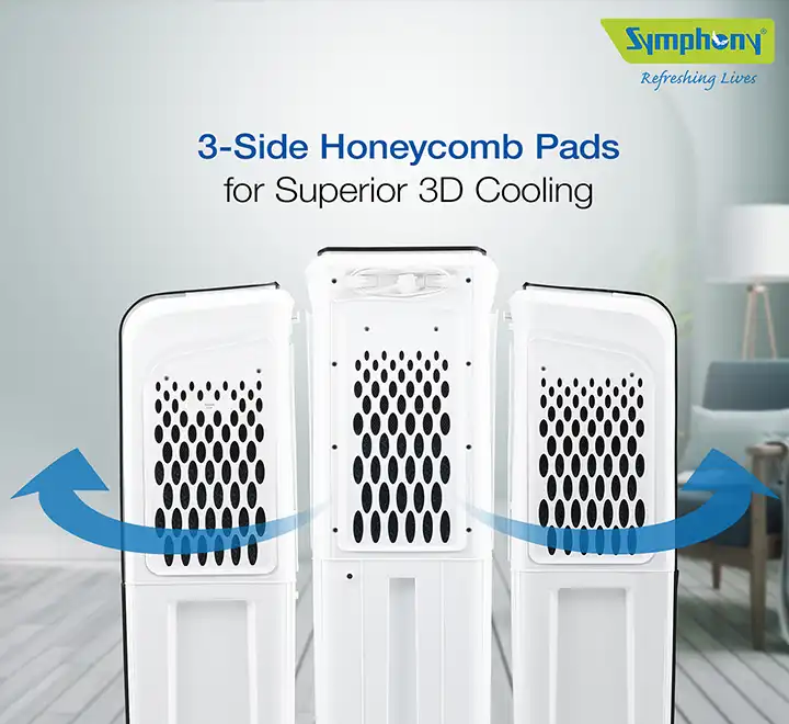 Symphony Diet 3D 30i Portable Tower Air Cooler For Home with 3-Side Honeycomb Pads, Automatic Pop-Up Touchscreen, i-Pure Technology and Low Power Consumption
