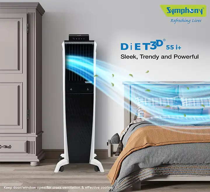 Symphony Diet 3D 55i+ Portable Tower Air Cooler For Home with 3-Side Honeycomb Pads, Magnetic Remote, i-Pure Technology and Automatic Pop-Up Touchscreen