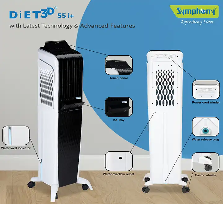Symphony Diet 3D 55i+ Portable Tower Air Cooler For Home with 3-Side Honeycomb Pads, Magnetic Remote, i-Pure Technology and Automatic Pop-Up Touchscreen