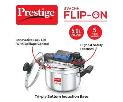 Prestige Svachh FLIP-ON SS Pressure Cooker 22 cm-5 L with Glass Lid
