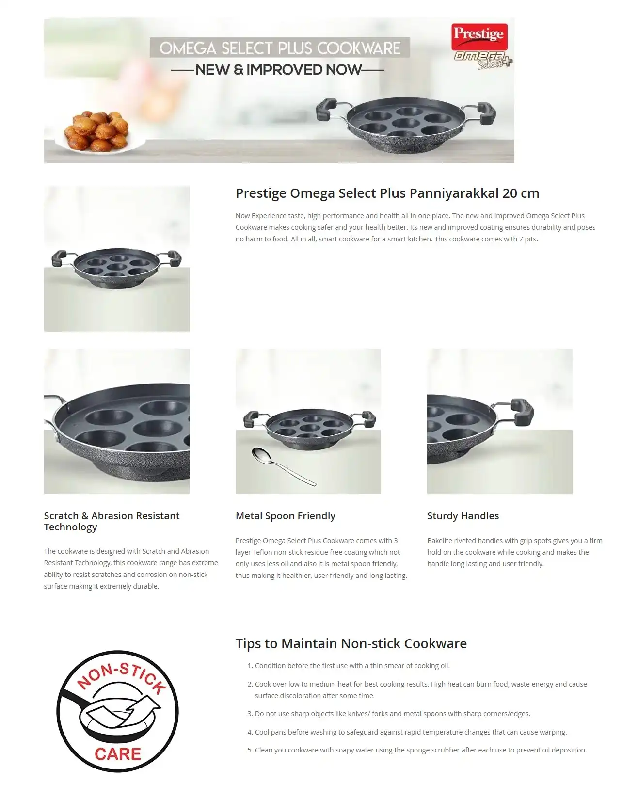 Prestige Omega Select Plus Teflon Coating Residue-free Cooking Round Base Paniyarakkal