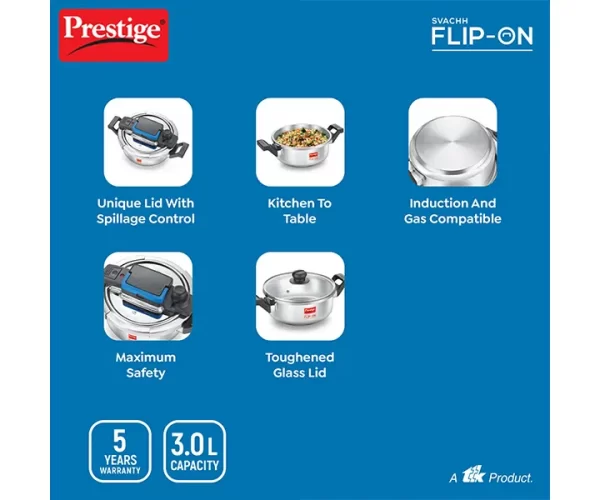 Prestige Svachh Flip-on Stainless Steel Spillage Control Pressure Cooker with Glass Lid, (Silver)