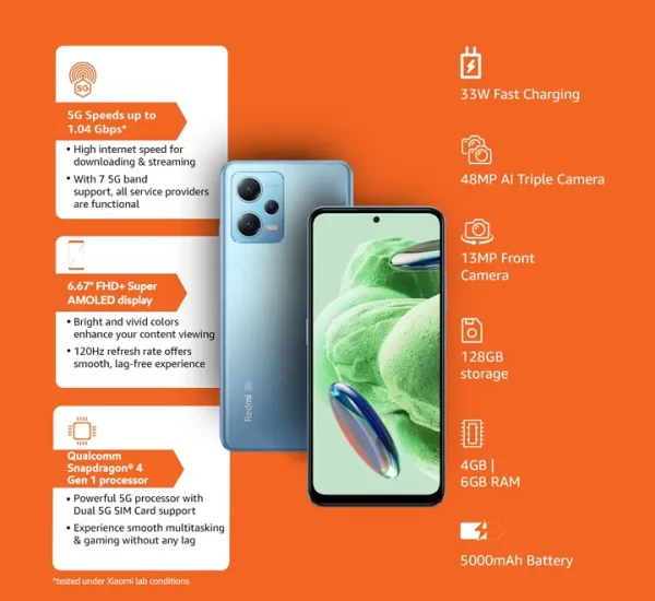 Redmi Note 12 5G Mystique Blue 6GB RAM 128GB ROM | 1st Phone with 120Hz Super AMOLED and Snapdragon® 4 Gen 1 | 48MP AI Triple Camera