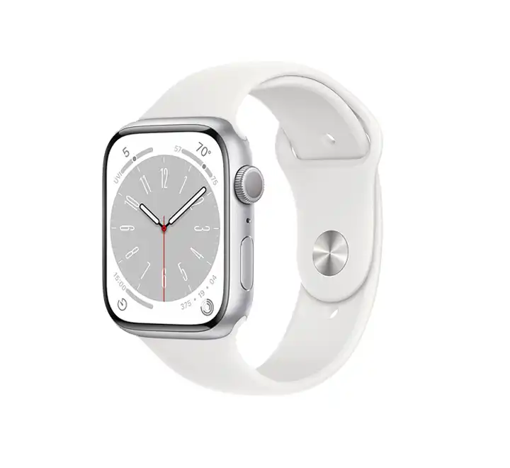 Apple Watch Series 8 [GPS 45 mm] Smart Watch w/Silver Aluminium Case with White Sport Band. Fitness Tracker, Blood Oxygen & ECG Apps